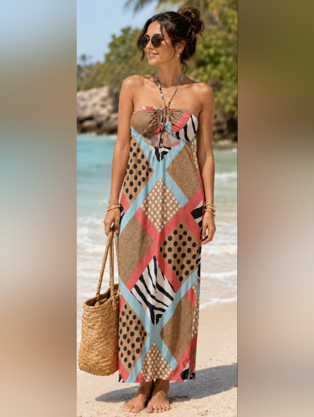 Strapless Geo-Print Beach Coverup Maxi - Multi